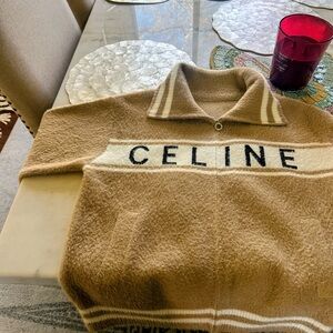 CELINE  DUPE Tan Logo Zip-Collar sweater NEW designer